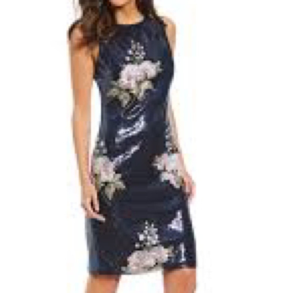 Vince Camuto Sequin Floral Embroidery Sheath Dress.